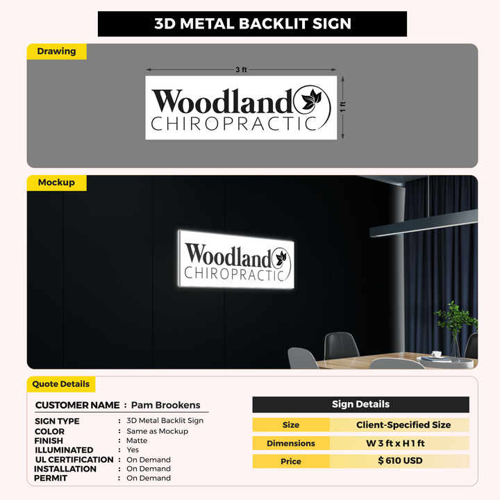 3D Metal Backlit Sign For Pam Brookens