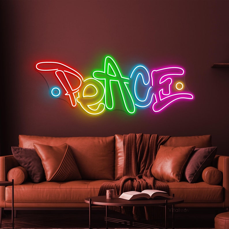 Peace LED Neon Sign glowing on wall for calming home décor by Neon.Shop