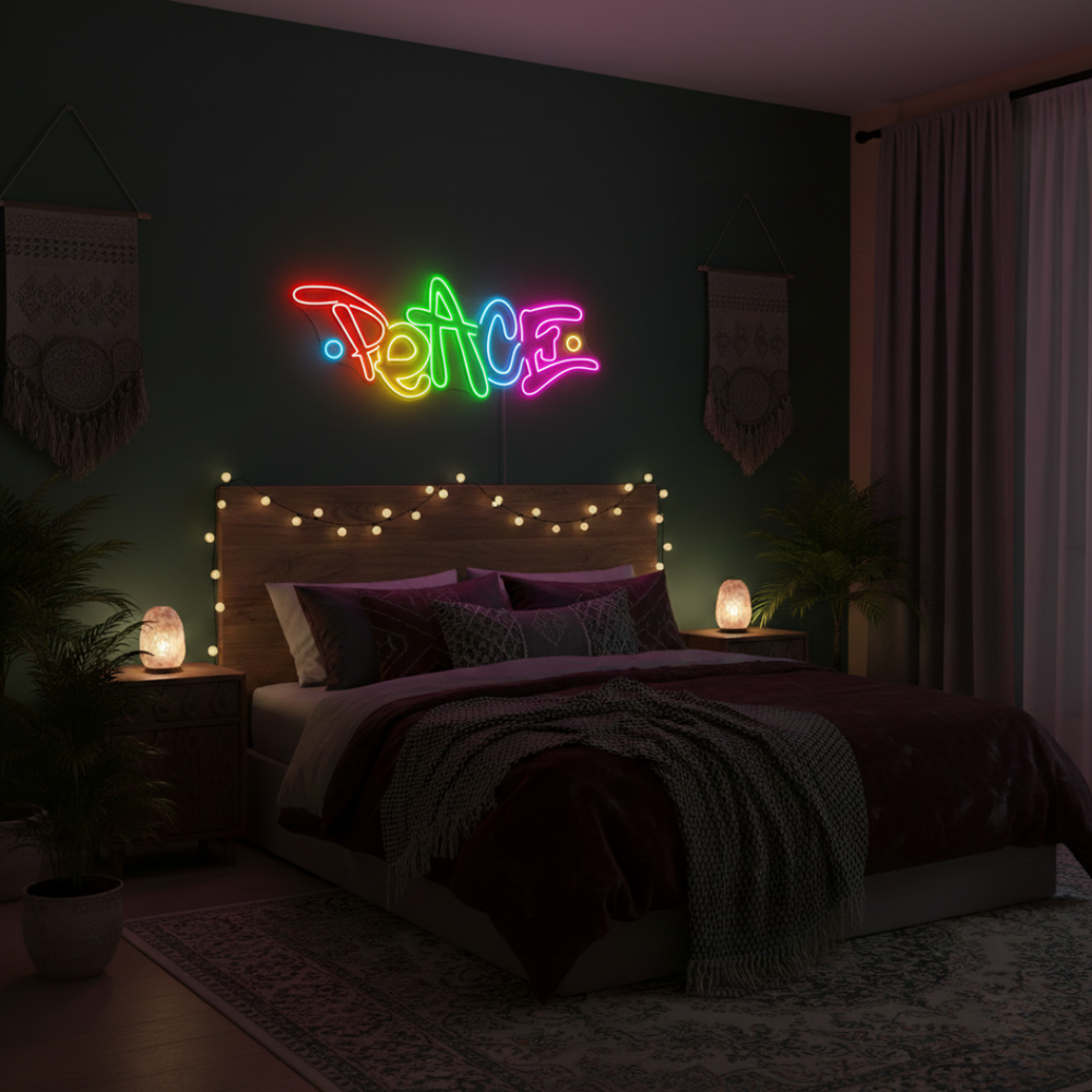 Peace LED Neon Sign glowing on wall for calming home décor by Neon.Shop