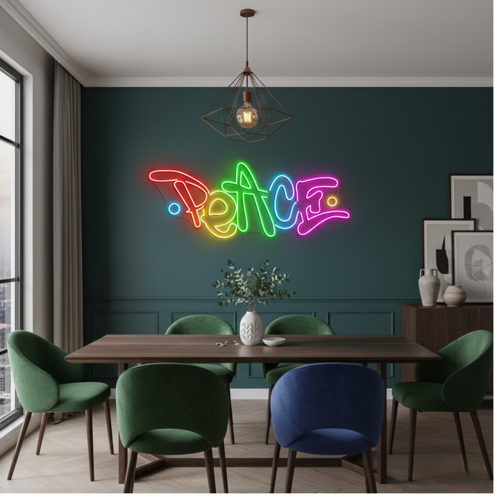 Peace LED Neon Sign glowing on wall for calming home décor by Neon.Shop