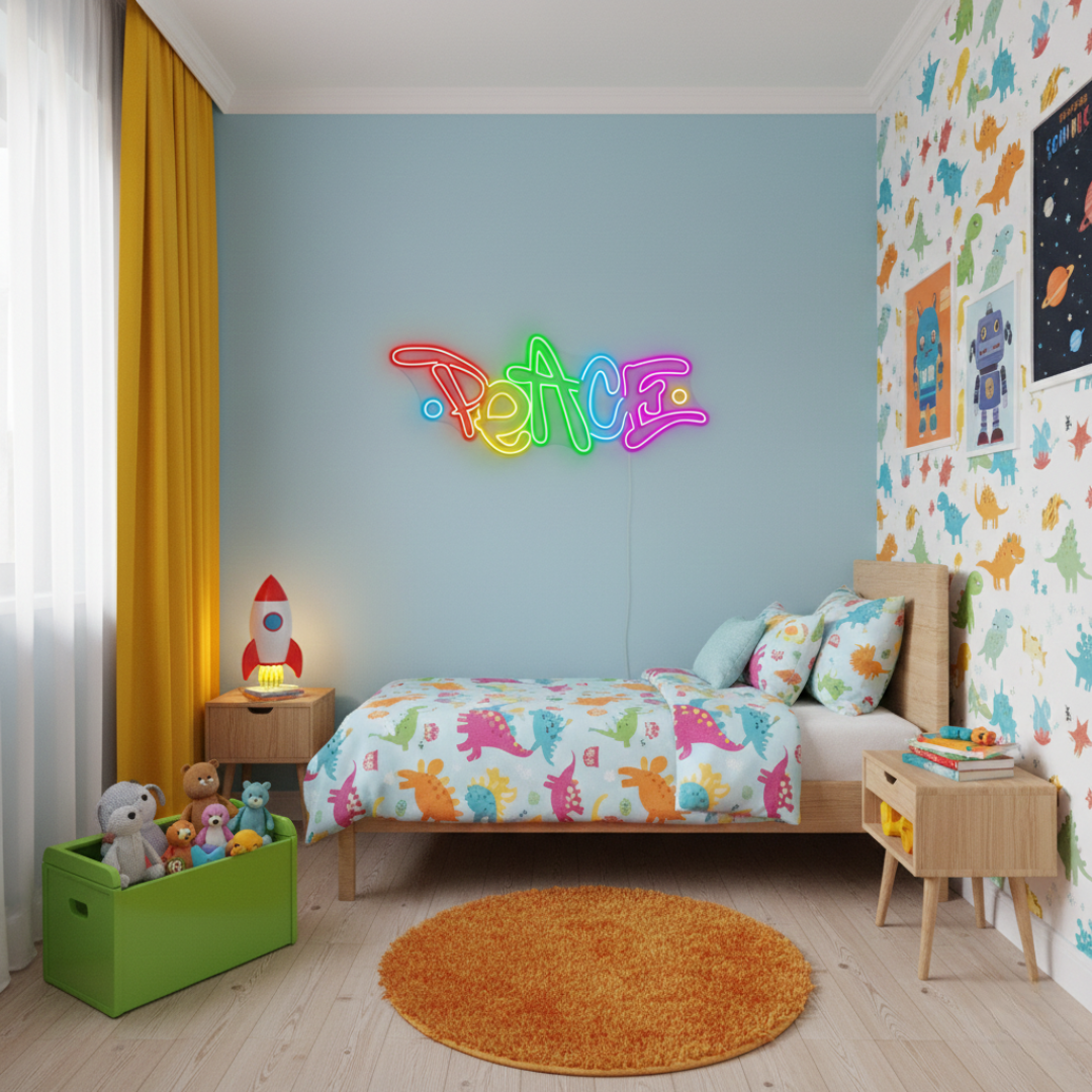 Peace LED Neon Sign glowing on wall for calming home décor by Neon.Shop