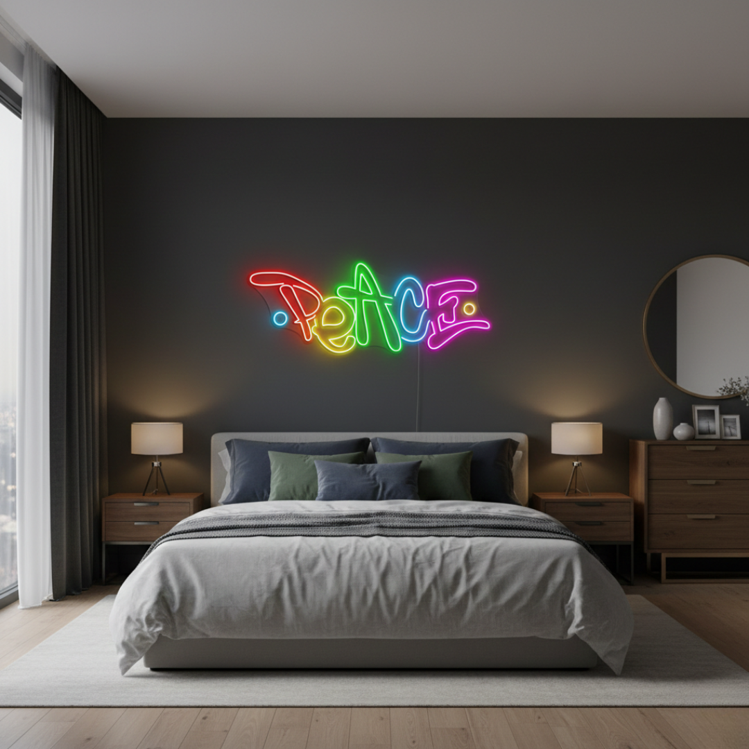 Peace LED Neon Sign glowing on wall for calming home décor by Neon.Shop