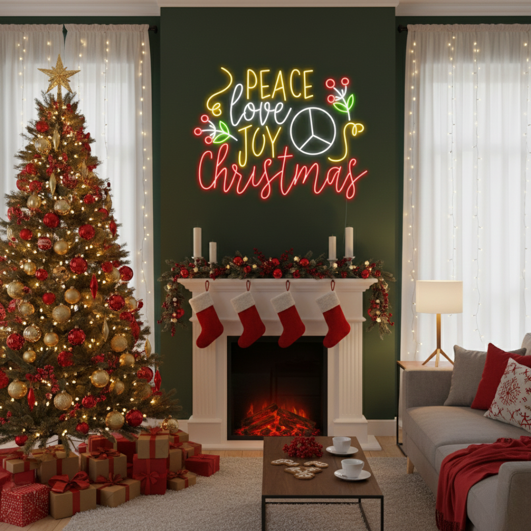 Peace Love Joy Merry Christmas LED neon sign for homes and parties by Neon.Shop.
