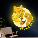 Pet Grooming Business Neon Sign by Neon.Shop glowing brightly above the entrance of a pet salon, attracting pet owners and clients day and night