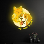 Pet Grooming Business Neon Sign by Neon.Shop glowing brightly above the entrance of a pet salon, attracting pet owners and clients day and night