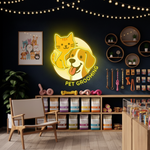 Pet Grooming Business Neon Sign by Neon.Shop glowing brightly above the entrance of a pet salon, attracting pet owners and clients day and night