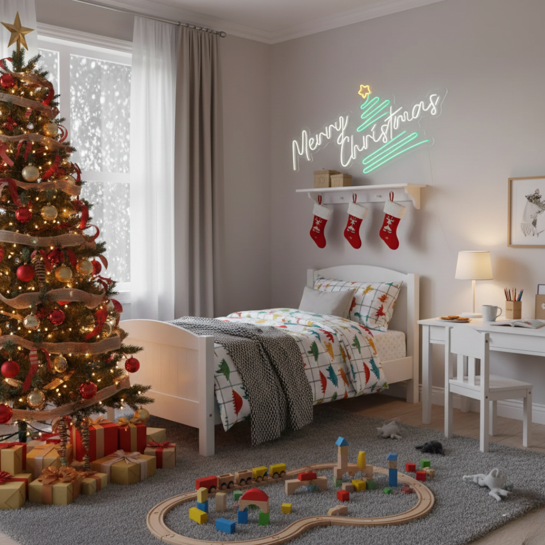 Pine Tree Merry Christmas Neon Sign by Neon.Shop featuring glowing pine tree design with festive lettering.