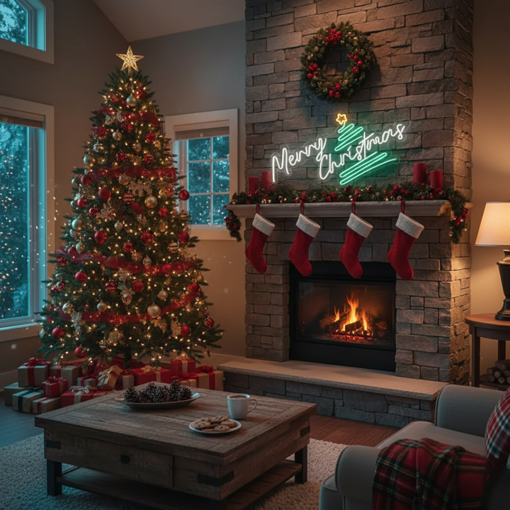 Pine Tree Merry Christmas Neon Sign by Neon.Shop featuring glowing pine tree design with festive lettering.