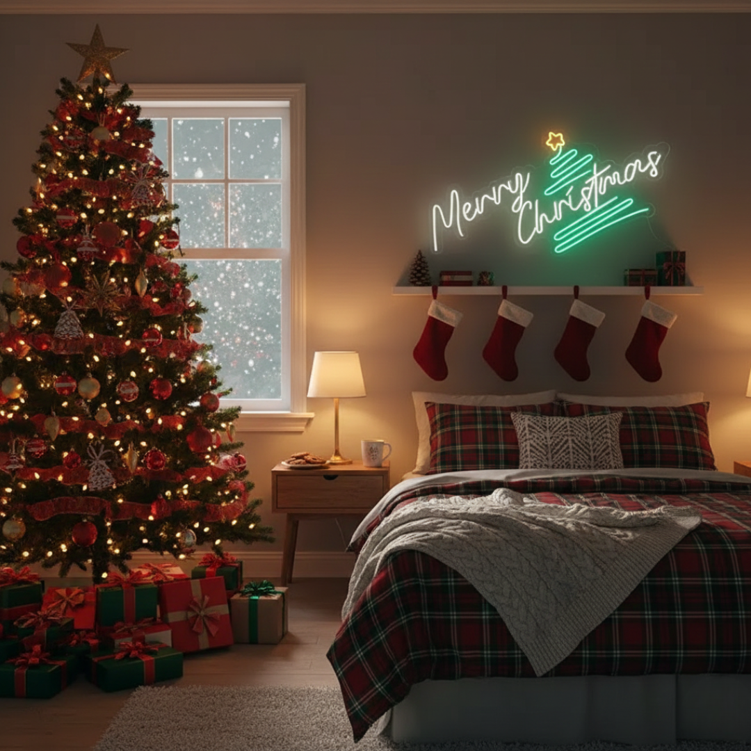 Pine Tree Merry Christmas Neon Sign by Neon.Shop featuring glowing pine tree design with festive lettering