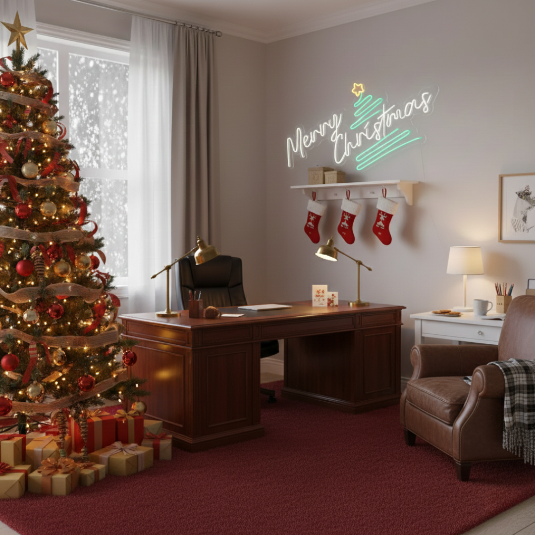 Pine Tree Merry Christmas Neon Sign by Neon.Shop featuring glowing pine tree design with festive lettering.