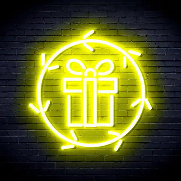 Present in Holly Wreath Merry Christmas Neon Sign by manhattanneons.com - Celebrate the season with this festive neon sign featuring a present and holly wreath.