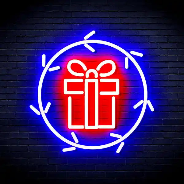 Present in Holly Wreath Merry Christmas Neon Sign by manhattanneons.com - Celebrate the season with this festive neon sign featuring a present and holly wreath.