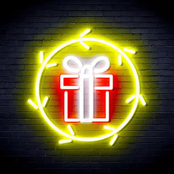 Present in Holly Wreath Merry Christmas Neon Sign by manhattanneons.com - Celebrate the season with this festive neon sign featuring a present and holly wreath.