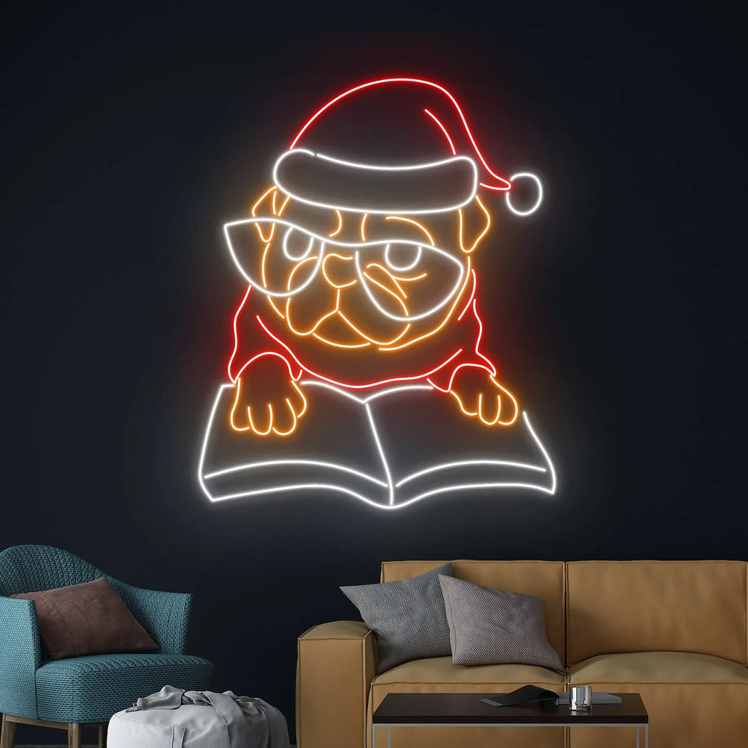 Pug Book Merry Christmas Neon Sign by manhattanneons.com - Add a fun touch to your space with this pug book-themed neon sign.