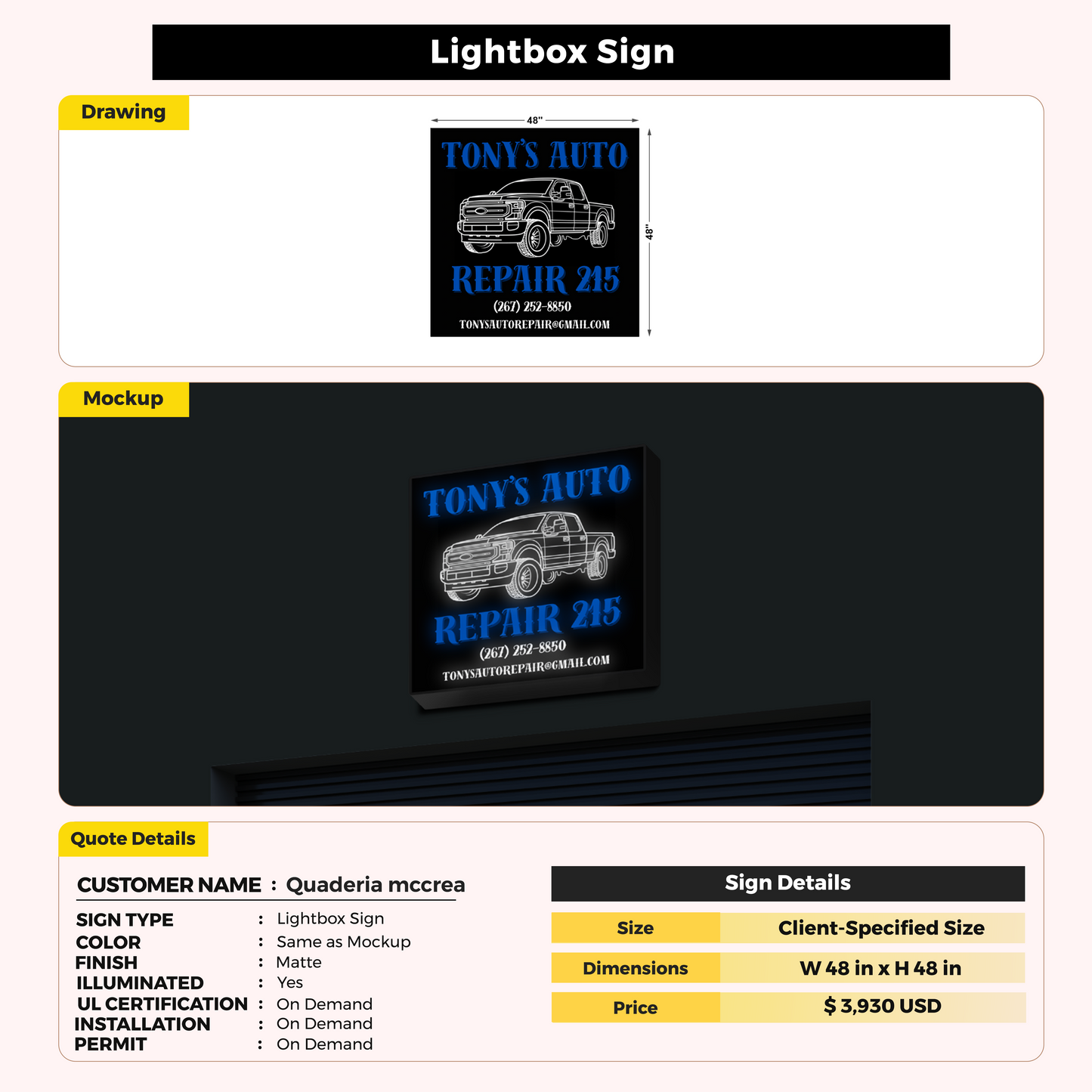 Lightbox Signs For Quaderia mccrea
