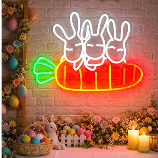 Rabbit Carrots Easter LED neon sign glowing on wall with playful rabbit holding carrots design for home decor, nursery, party, or shop display by Neon.Shop.