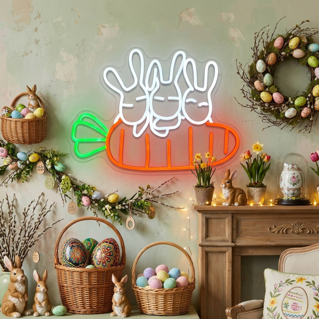 Rabbit Carrots Easter LED neon sign glowing on wall with playful rabbit holding carrots design for home decor, nursery, party, or shop display by Neon.Shop.