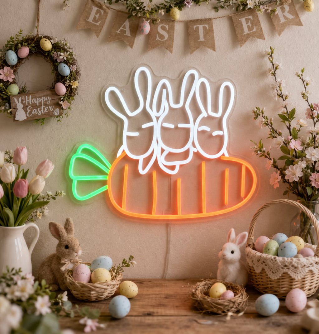 Rabbit Carrots Easter LED neon sign glowing on wall with playful rabbit holding carrots design for home decor, nursery, party, or shop display by Neon.Shop.