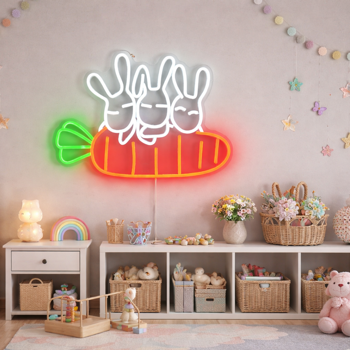 Rabbit Carrots Easter LED neon sign glowing on wall with playful rabbit holding carrots design for home decor, nursery, party, or shop display by Neon.Shop.
