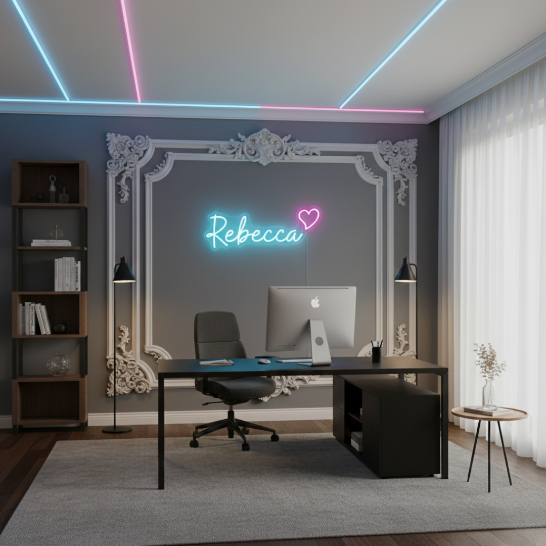 Rebecca Name LED Neon Sign in custom LED tubing, personalized wall-mounted name light décor by Neon.Shop for bedrooms, events, and gifts.