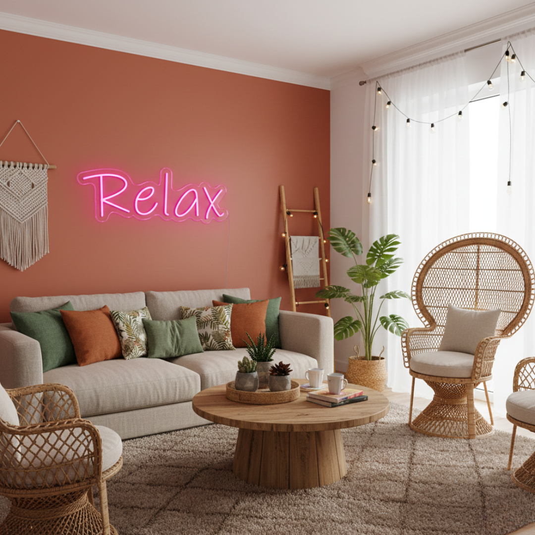 Relax Neon Sign glowing on wall for calming home décor by Neon.Shop
