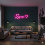 Remi Name LED Neon Sign in customizable LED tubing, personalized wall-mounted name light décor by Neon.Shop for bedrooms, events, and gifts.