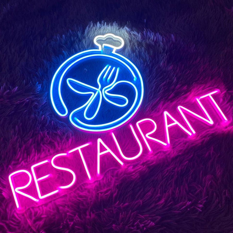 Restaurant Business Neon Sign by Neon.Shop glowing brightly above the entrance of a dining establishment, attracting diners day and night