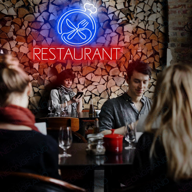 Restaurant Business Neon Sign by Neon.Shop glowing brightly above the entrance of a dining establishment, attracting diners day and night