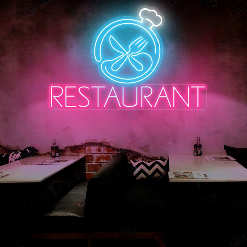 Restaurant Business Neon Sign by Neon.Shop glowing brightly above the entrance of a dining establishment, attracting diners day and night