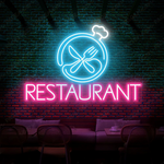 Restaurant Business Neon Sign by Neon.Shop glowing brightly above the entrance of a dining establishment, attracting diners day and night 