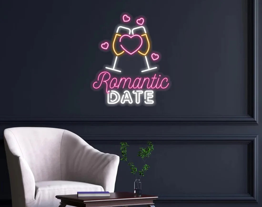 Romantic Date Valentine’s Day neon sign glowing in warm LED light, romantic wall décor by Neon.Shop