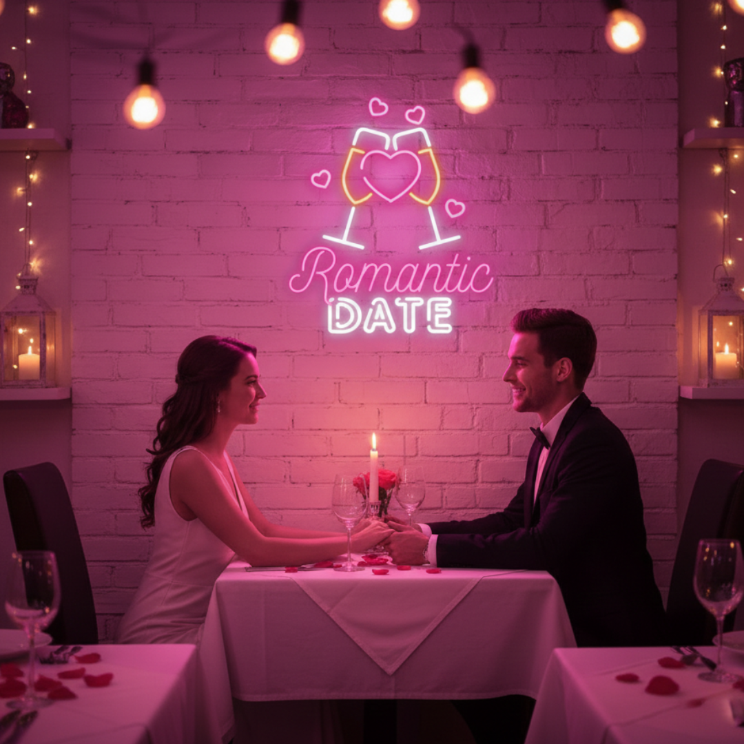 Romantic Date Valentine’s Day neon sign glowing in warm LED light, romantic wall décor by Neon.Shop