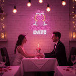 Romantic Date Valentine’s Day neon sign glowing in warm LED light, romantic wall décor by Neon.Shop