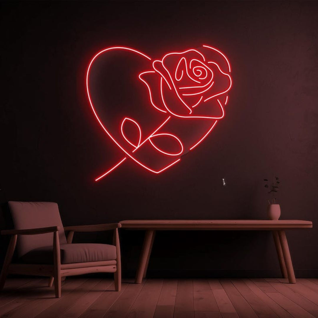 Rose in Heart Valentine’s Day LED neon sign creating cozy ambiance by Neon.Shop