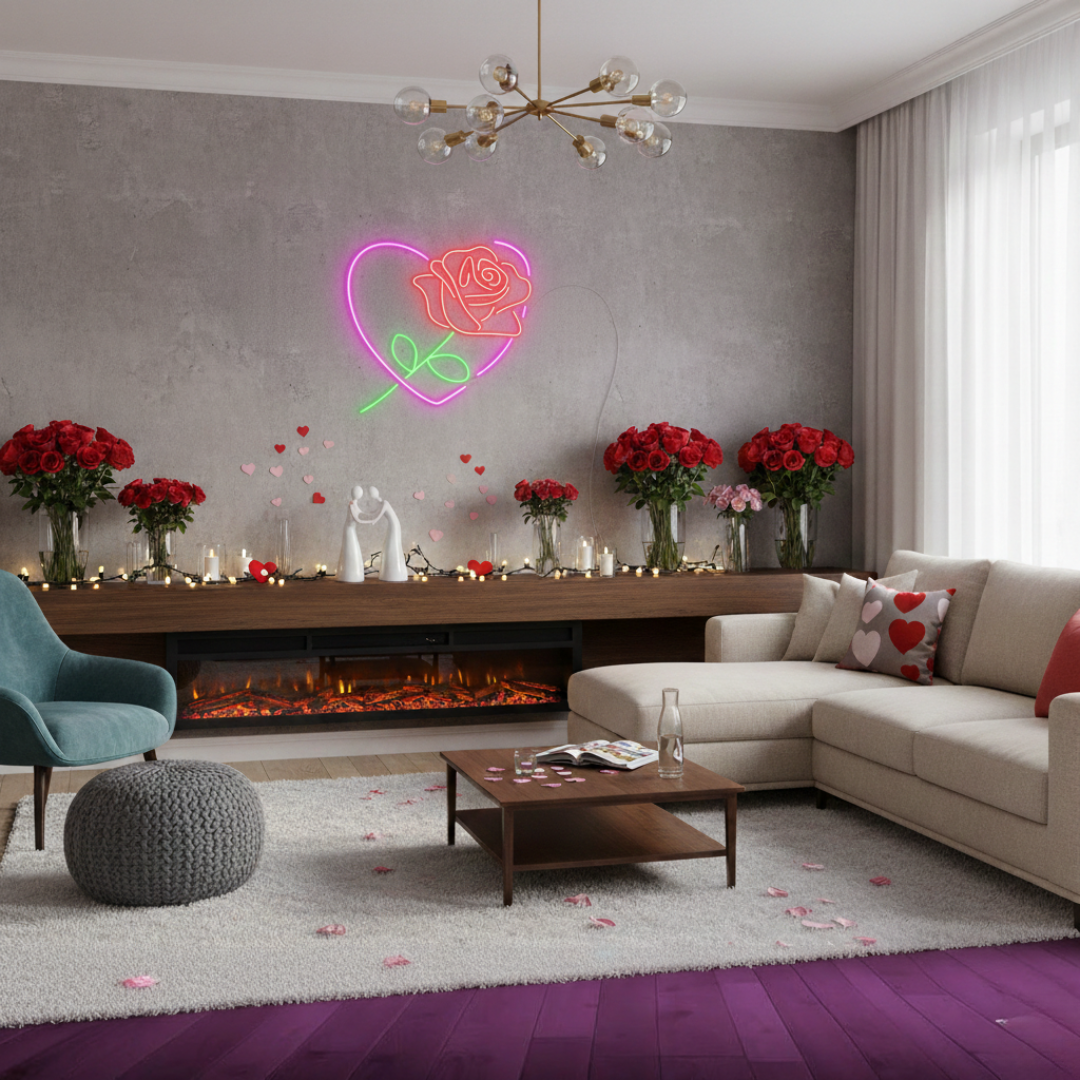Rose in Heart Valentine’s Day LED neon sign creating cozy ambiance by Neon.Shop