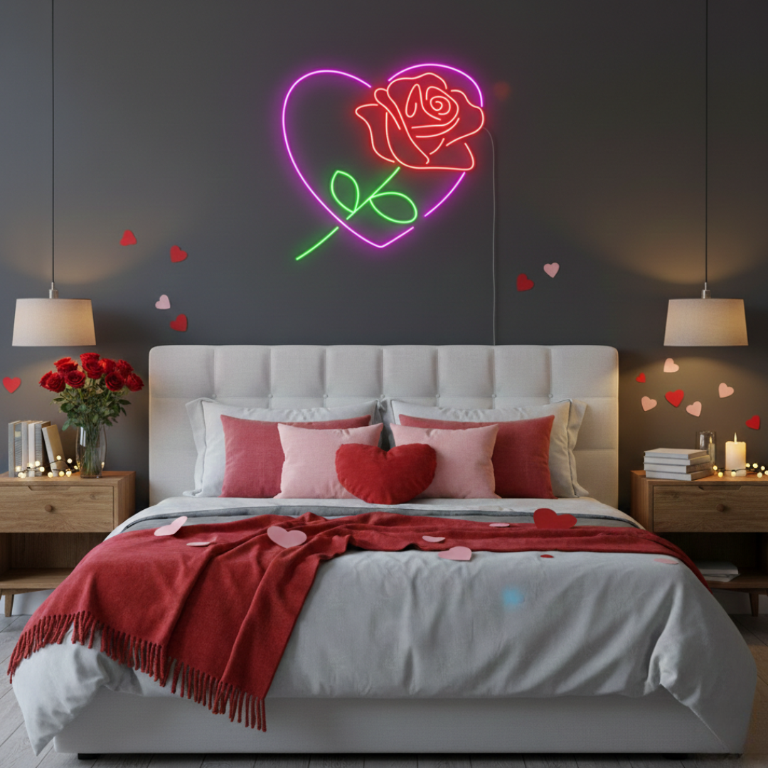 Rose in Heart Valentine’s Day LED neon sign creating cozy ambiance by Neon.Shop