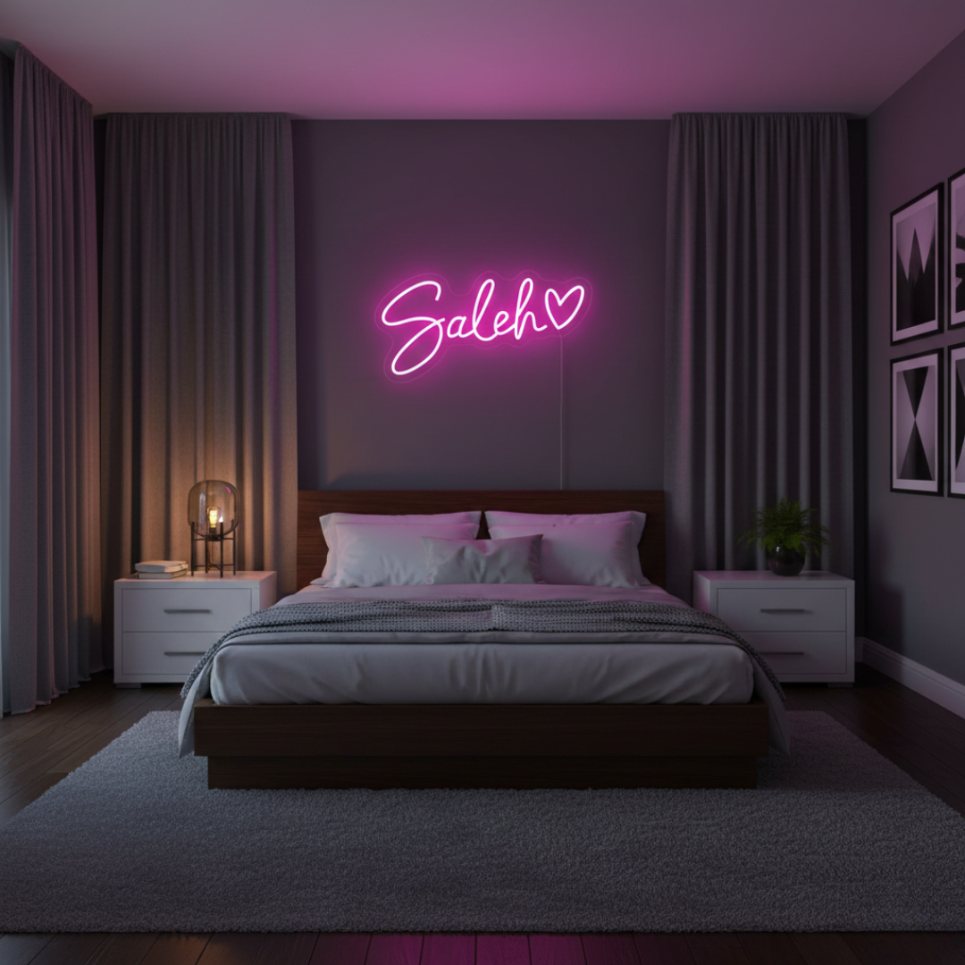 Saleh Name LED Neon Sign in customizable LED tubing, personalized wall-mounted name light décor by Neon.Shop.