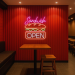 Sandwich Open Business Neon Sign by Neon.Shop glowing brightly for café and deli visibility
