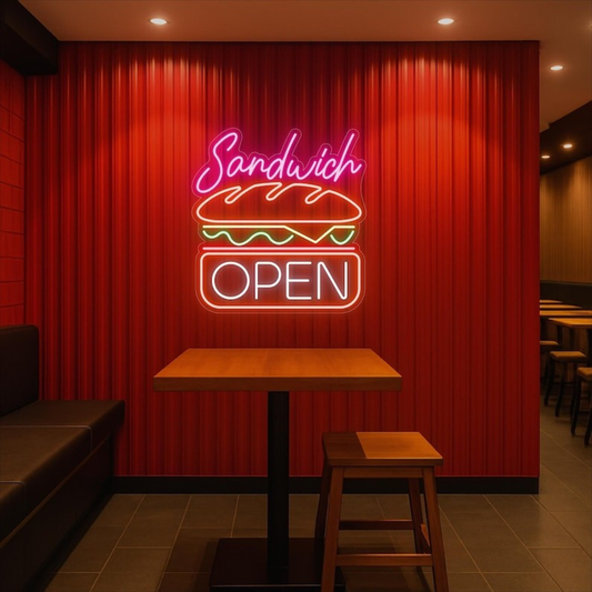 Sandwich Open Business Neon Sign by Neon.Shop glowing brightly for café and deli visibility