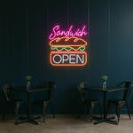 Sandwich Open Business Neon Sign by Neon.Shop glowing brightly for café and deli visibility