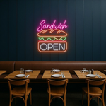 Sandwich Open Business Neon Sign by Neon.Shop glowing brightly for café and deli visibility