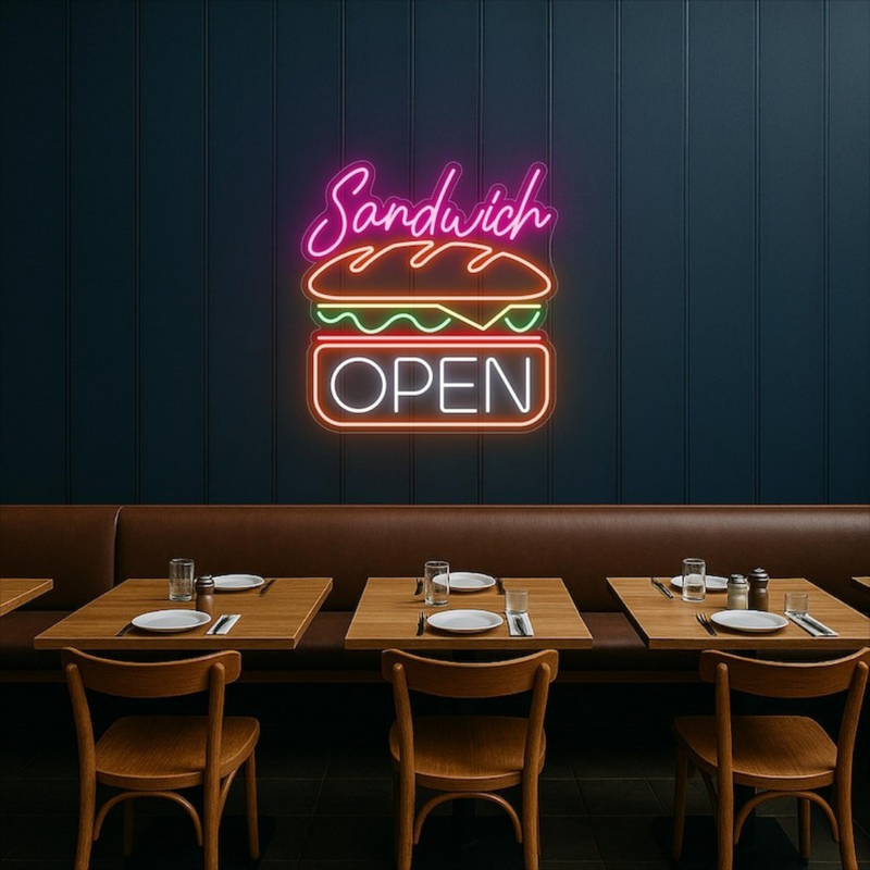 Sandwich Open Business Neon Sign by Neon.Shop glowing brightly for café and deli visibility