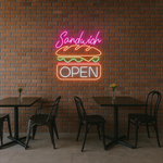 Sandwich Open Business Neon Sign by Neon.Shop glowing brightly for café and deli visibility