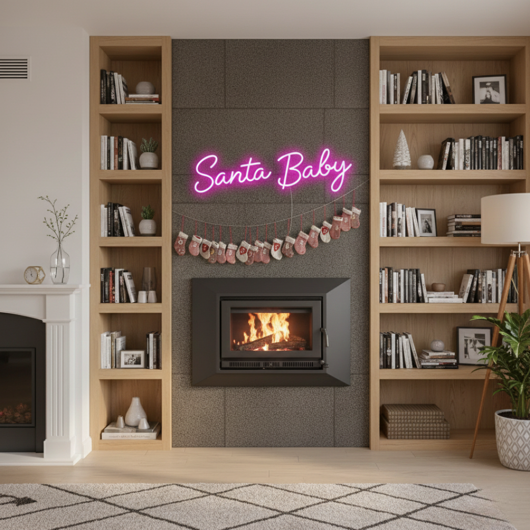 Santa Baby Merry Christmas Neon Sign by Neon.Shop glowing in LED light with playful holiday lettering design.