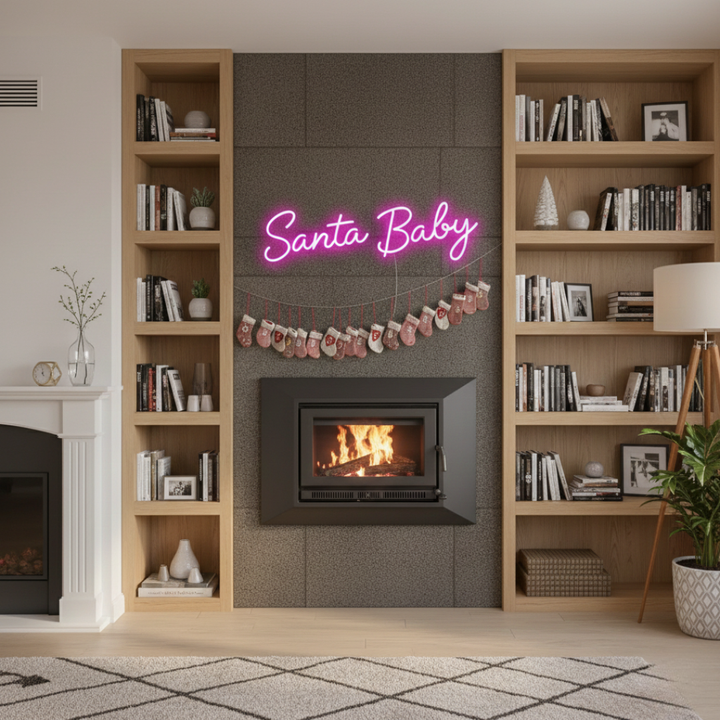 Santa Baby Merry Christmas Neon Sign by Neon.Shop glowing in LED light with playful holiday lettering design.