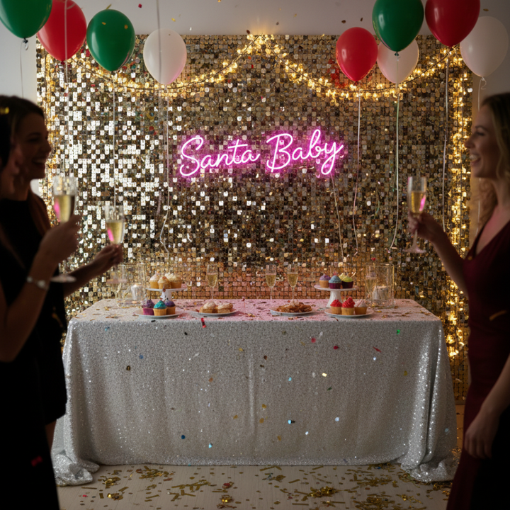 Santa Baby Merry Christmas Neon Sign by Neon.Shop glowing in LED light with playful holiday lettering design.