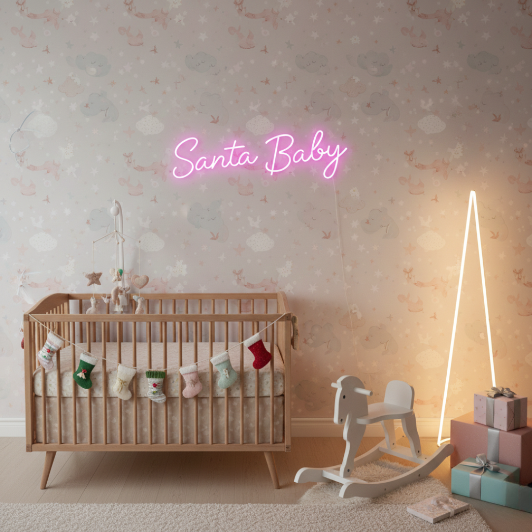 Santa Baby Merry Christmas Neon Sign by Neon.Shop glowing in LED light with playful holiday lettering design.