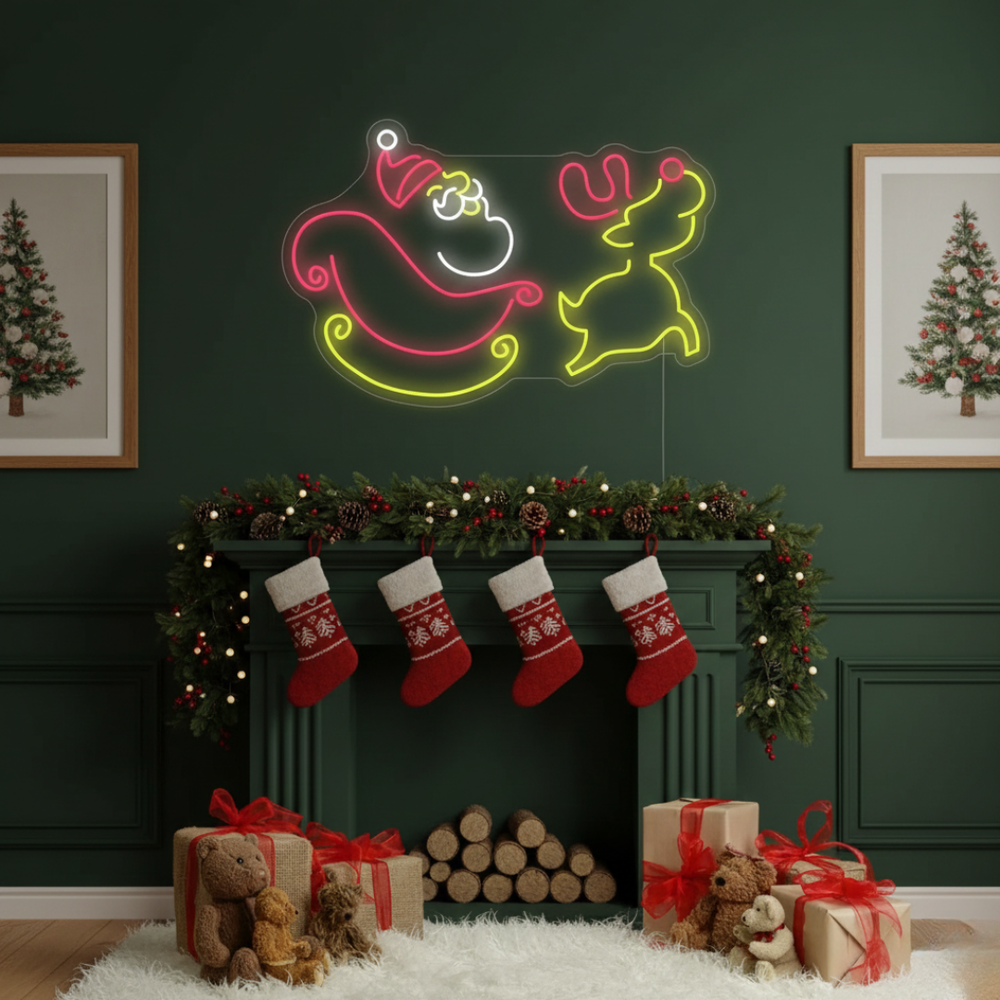 Santa Claus and Christmas Deer Merry Christmas LED neon sign glowing in festive colors by Neon.Shop.