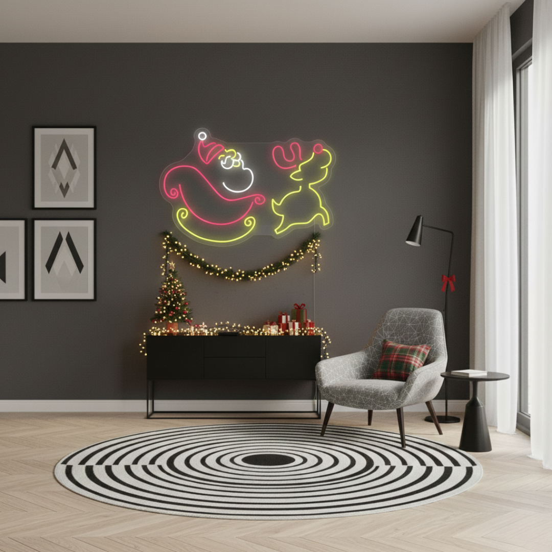 Santa Claus and Christmas Deer Merry Christmas LED neon sign glowing in festive colors by Neon.Shop.