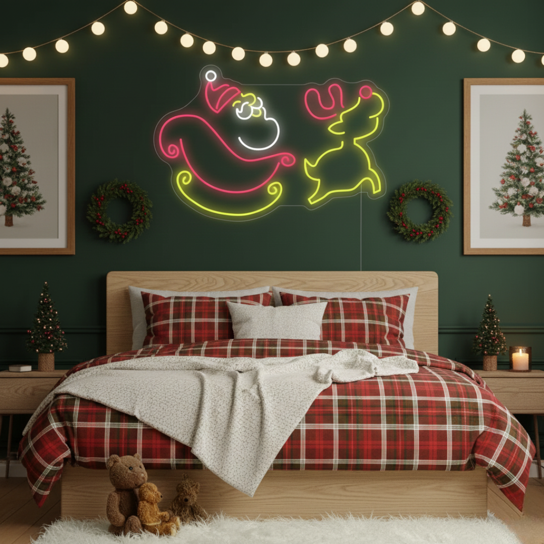 Santa Claus and Christmas Deer Merry Christmas LED neon sign glowing in festive colors by Neon.Shop.